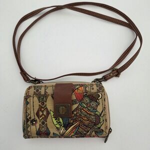 Sakroots Crossbody Wallet Multicolor Owl Print Coated Canvas Womens Small